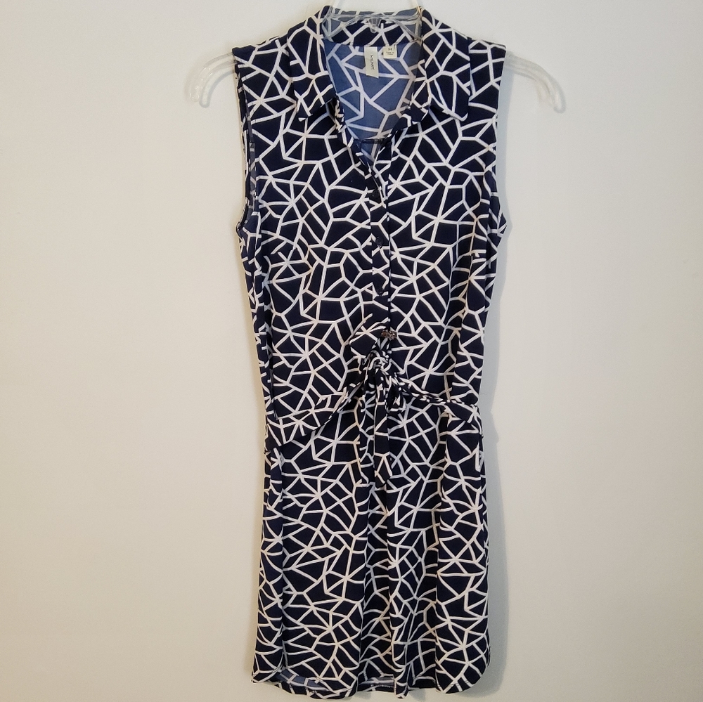 Tacera Stretch Black/White Geometric Print Sleeveless Shift Dress Size M